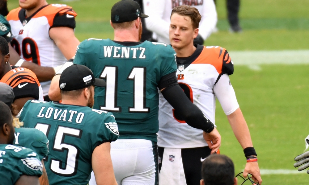 Carson Wentz and Joe Burrow after the Bengals and Eagles tied 23-23 in Philadelphia in 2020.